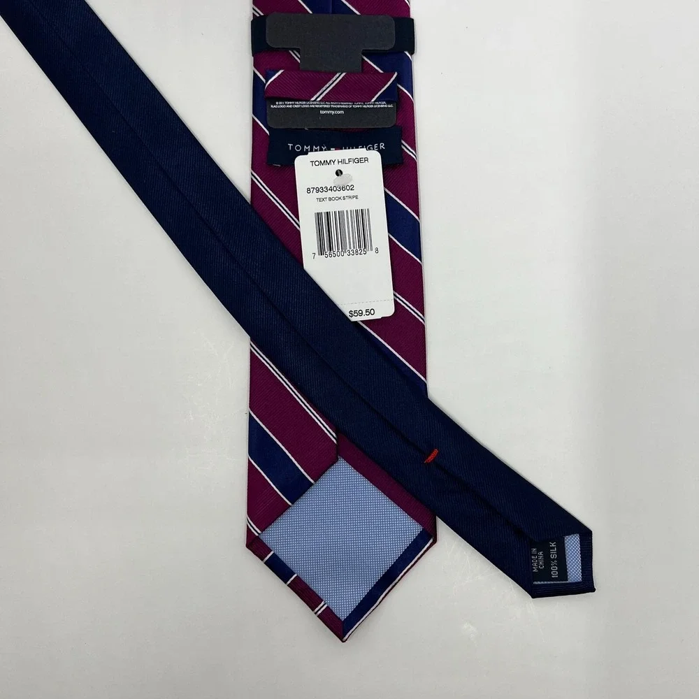 Tommy Hilfiger Men's 100% Silk Tie Stripe Burgundy/Deep Violet/White Vintage NWT